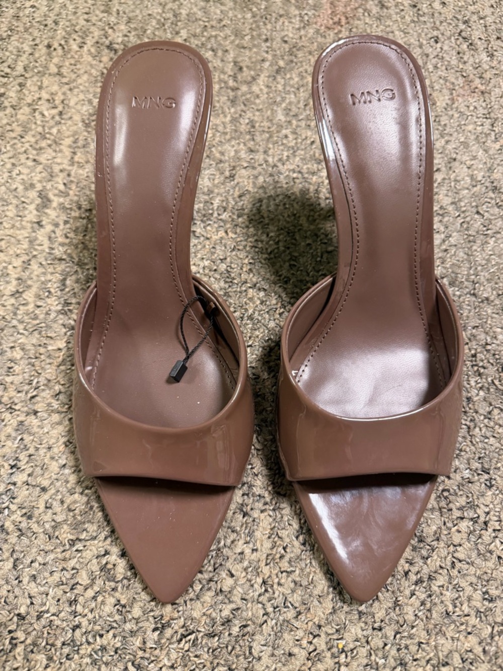Mango Brown Pointed Toe Patent Slide Mules